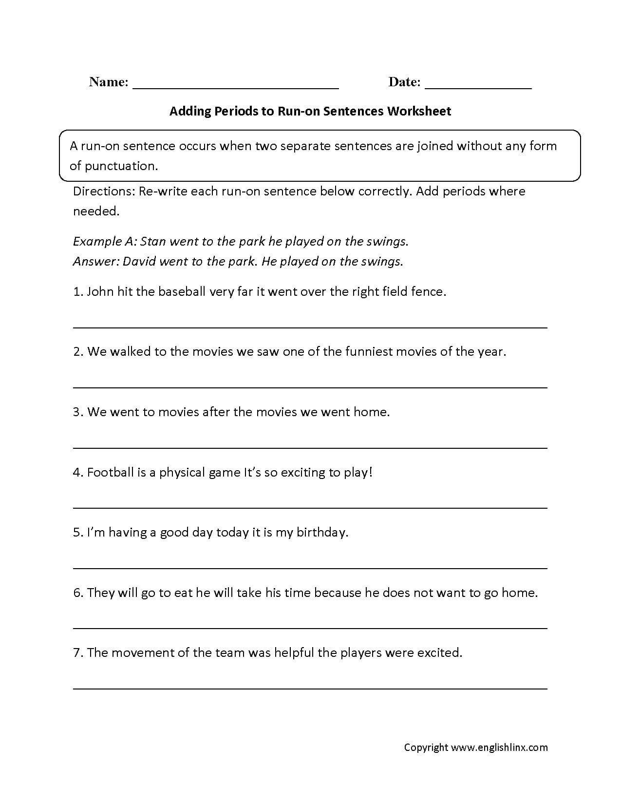 Sentences Worksheets  Run On Sentences Worksheets