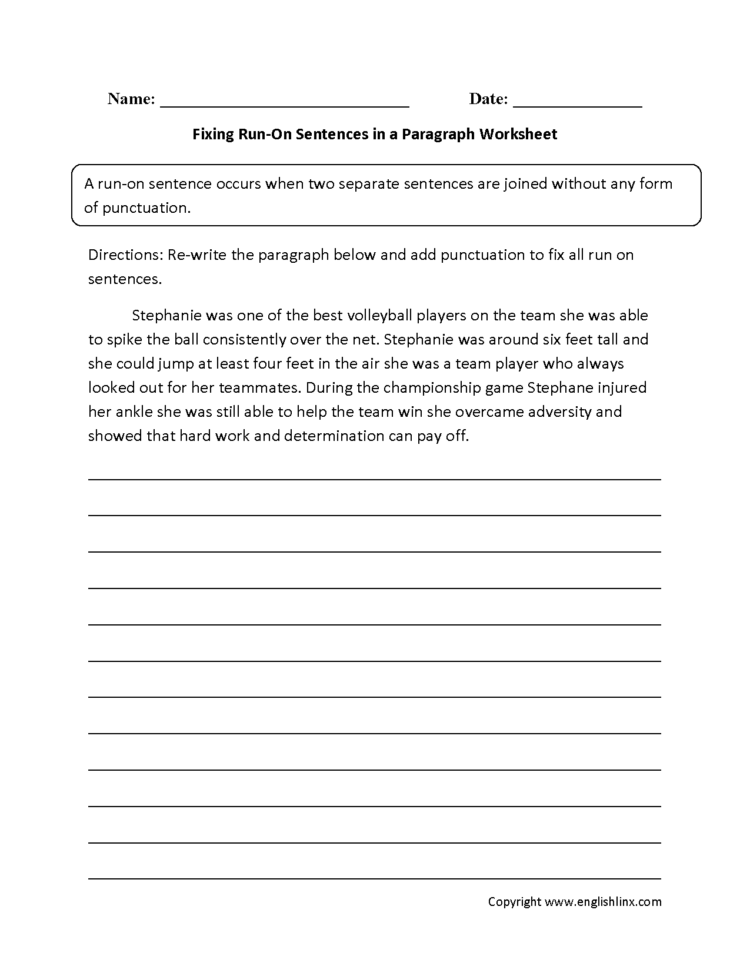 Sentences Worksheets  Run On Sentences Worksheets