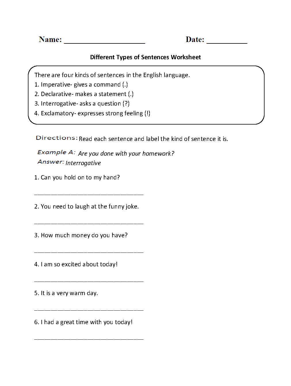 Sentences Worksheets  Types Of Sentences Worksheets