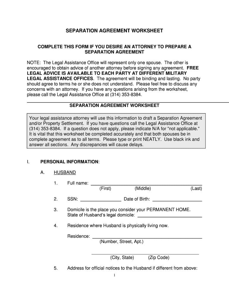Separation Agreement Worksheet  Fill Online Printable