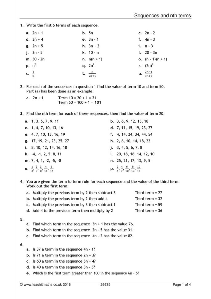 Sequences And Nth Terms Worksheet Pdf  Teachit Maths