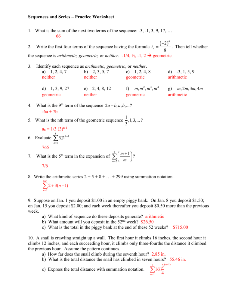 sum of arithmetic sequence worksheet pdf