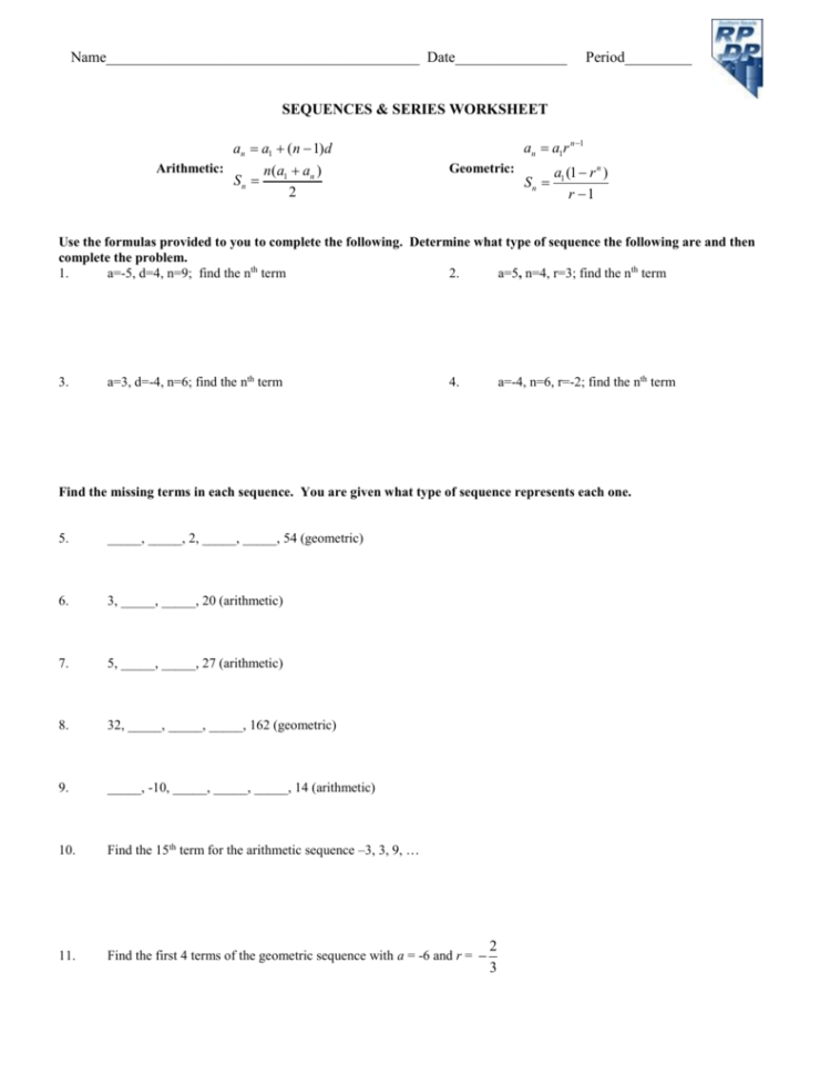 Sequences And Series Worksheet