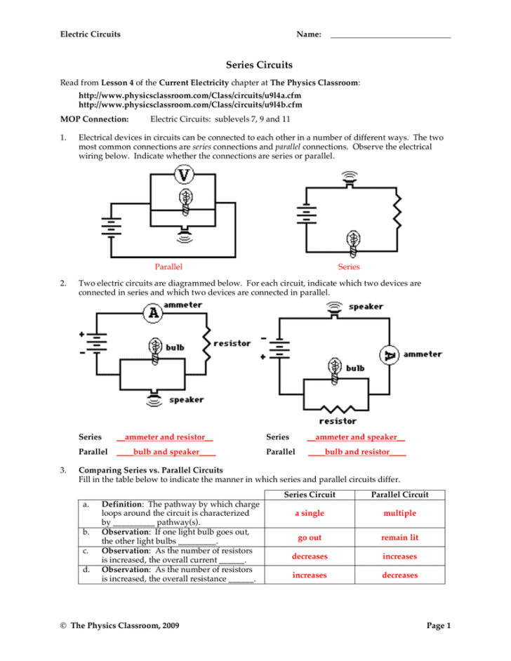 21 1 Series Circuits Worksheet Answers
