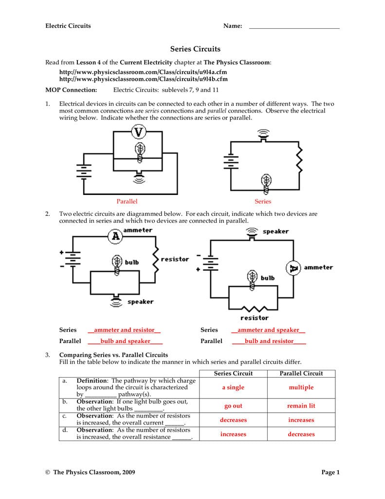 Electric Circuits Grade 6 Worksheets