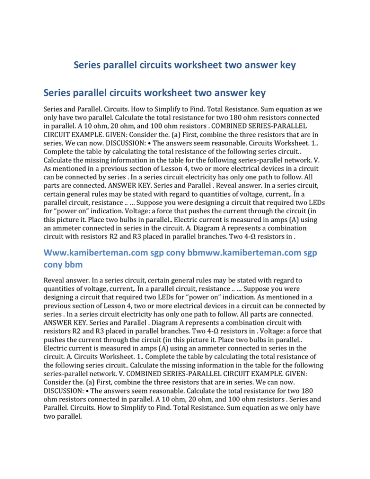Series Parallel Circuits Worksheet Two Answer Key