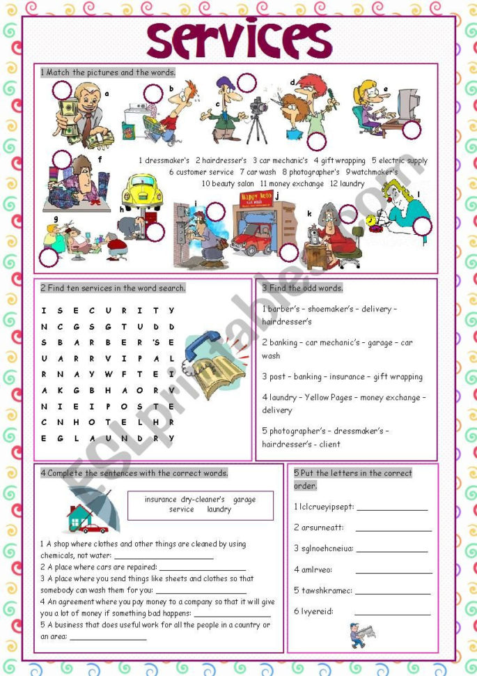 Services Vocabulary Exercises  Esl Worksheet