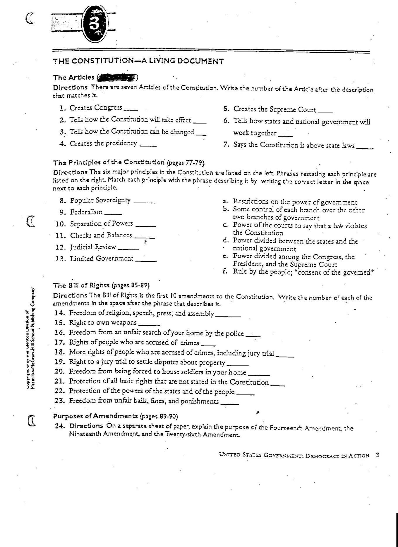 Constitutional Principles Worksheet Answers