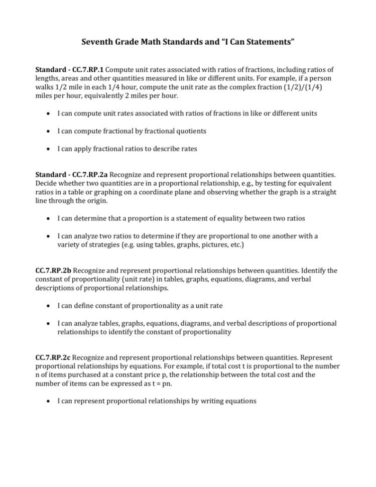 Seventh Grade Math Standards And “I Can Statements”