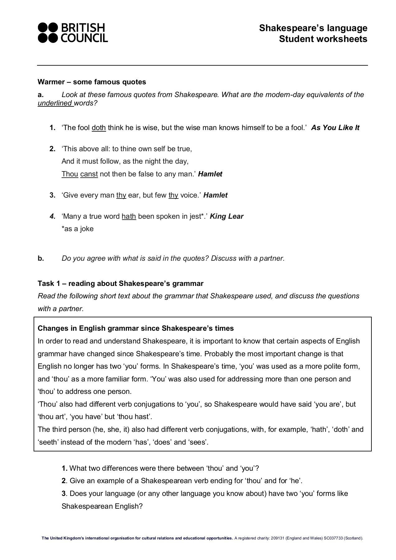 Shakespeare's Language Student Worksheets Pages 1 4 Text — db-excel.com