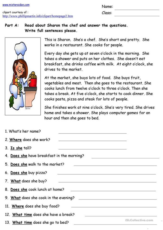 Sharon The Chef  Reading Comprehension  English Esl Worksheets