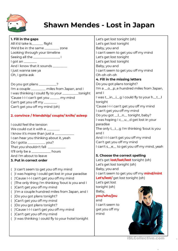 Shawn Mendes  Lost In Japan  English Esl Worksheets