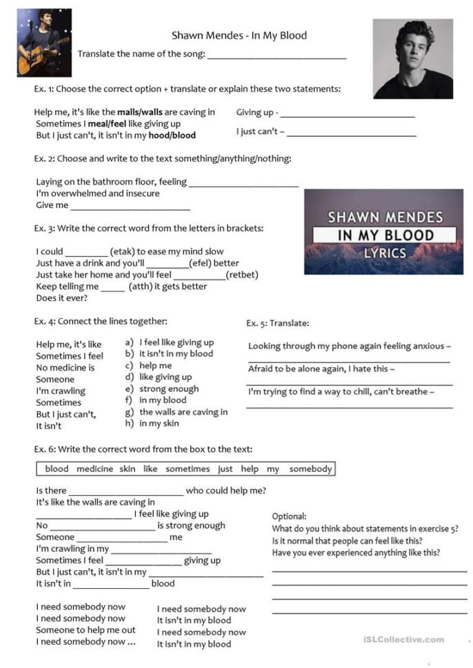 Shawn Mendes  Song In My Blood  English Esl Worksheets