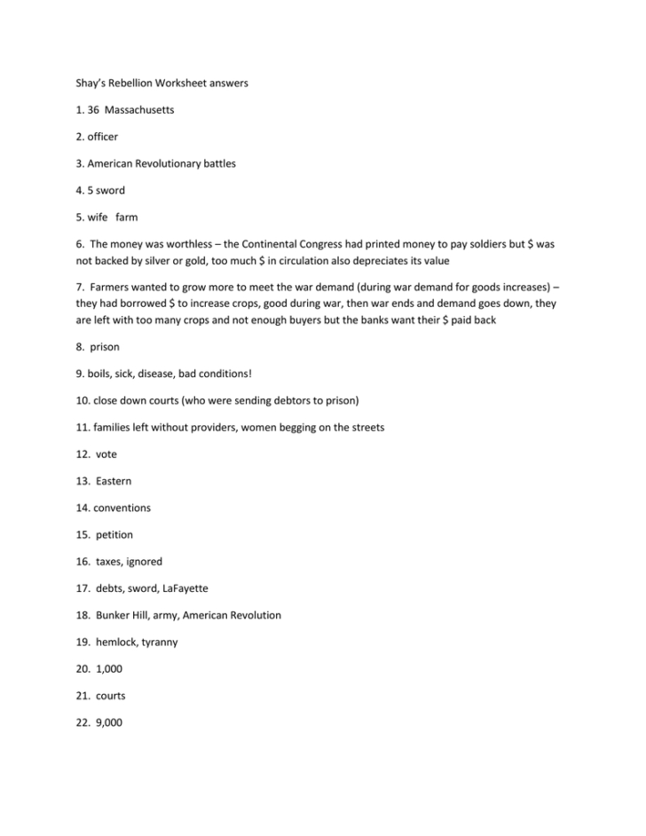 Shays Rebellion Worksheet Answers