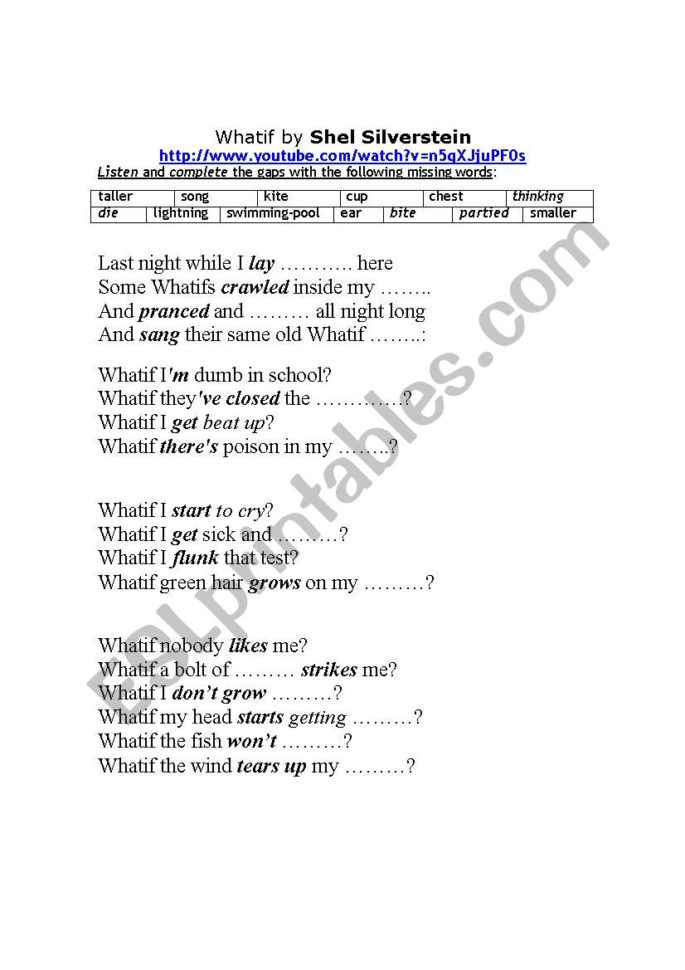 Shel Silverstein Poem Whatif Blank Filling And Answers  Esl