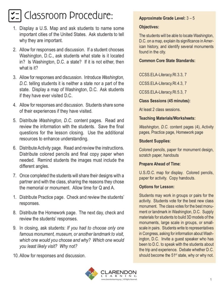 Shington Dc Lesson Plan  Clarendon Learning
