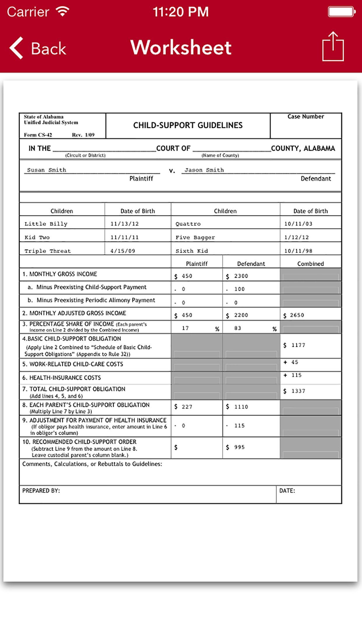 Shington State Child Support Worksheet   Worksheet