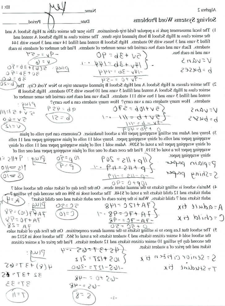 solving systems of equations word problems worksheet with answers