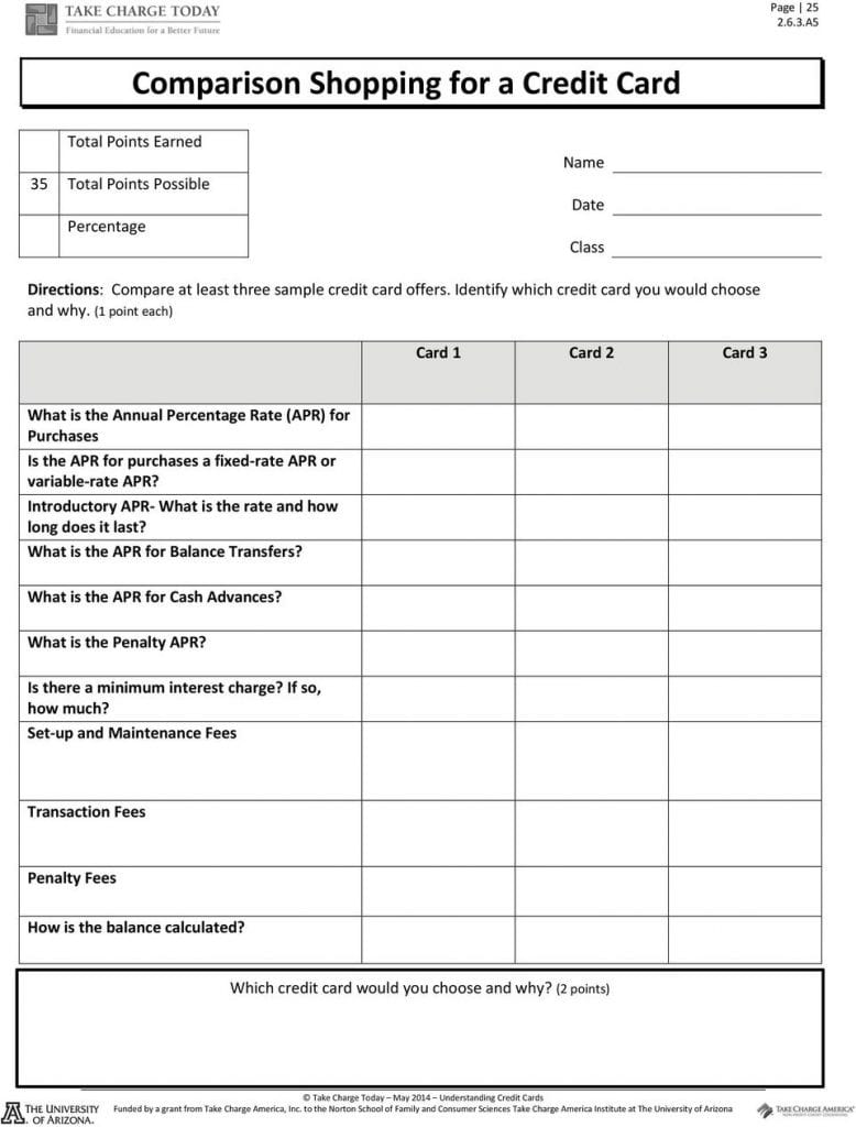 Shopping For A Credit Credit Card Comparison Worksheet With Db excel