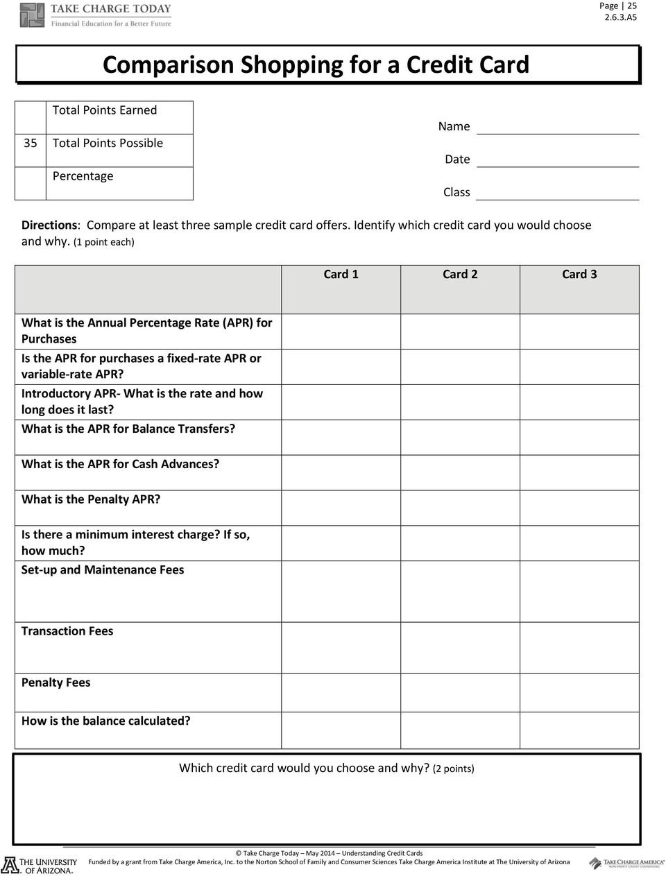 Shopping For A Credit Credit Card Comparison Worksheet With