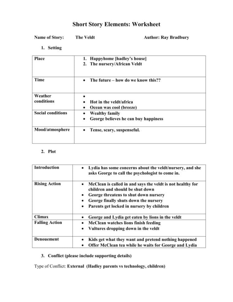 Short Story Elements Worksheet
