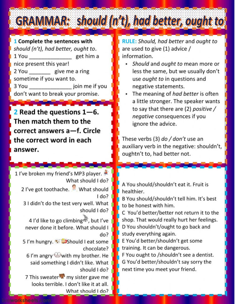 Should Ought To Had Better  Interactive Worksheet