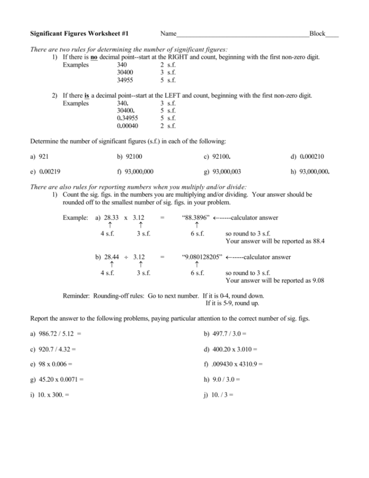 Significant Figures Worksheet 1