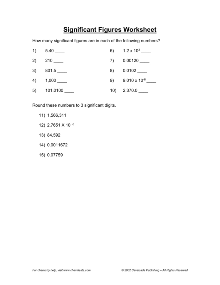Significant Figures Worksheet