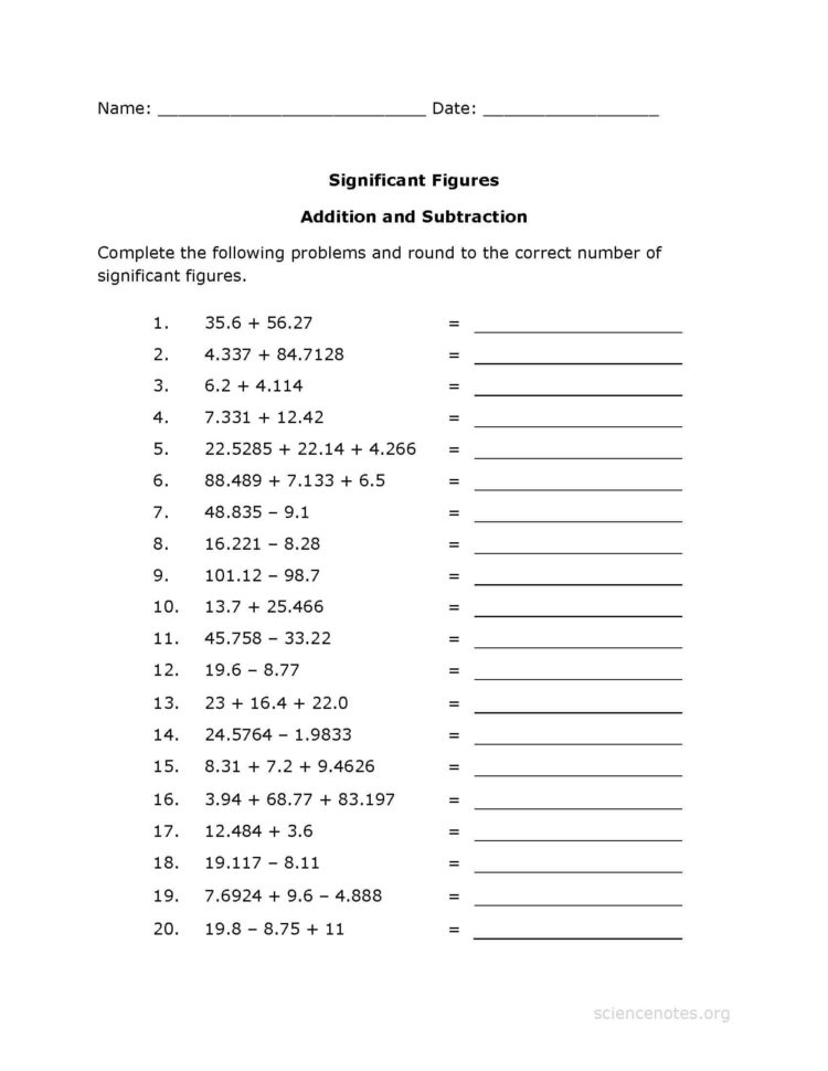 Significant Figures Worksheet Pdf  Addition Practice