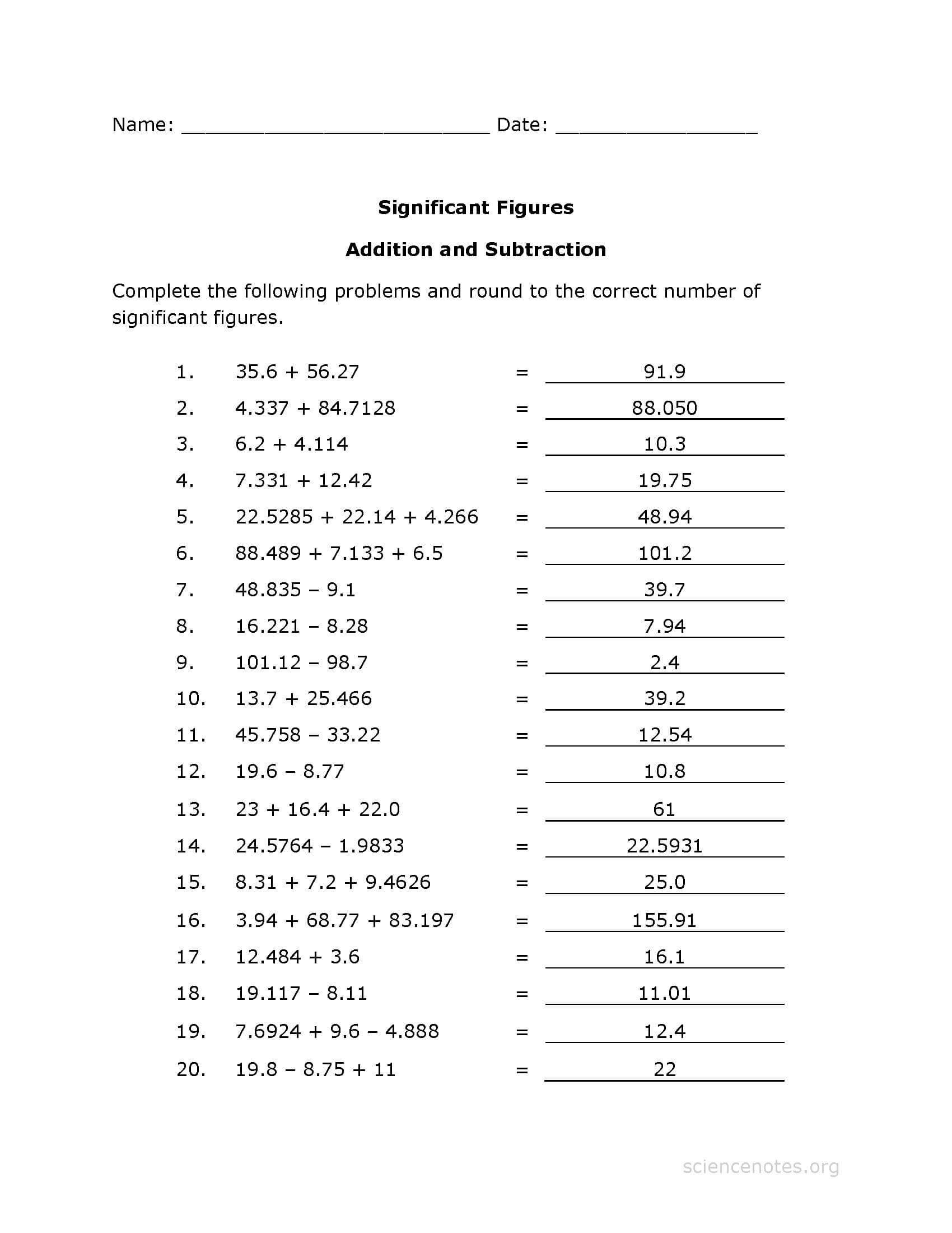 Significant Figures Worksheet Pdf  Addition Practice  Page