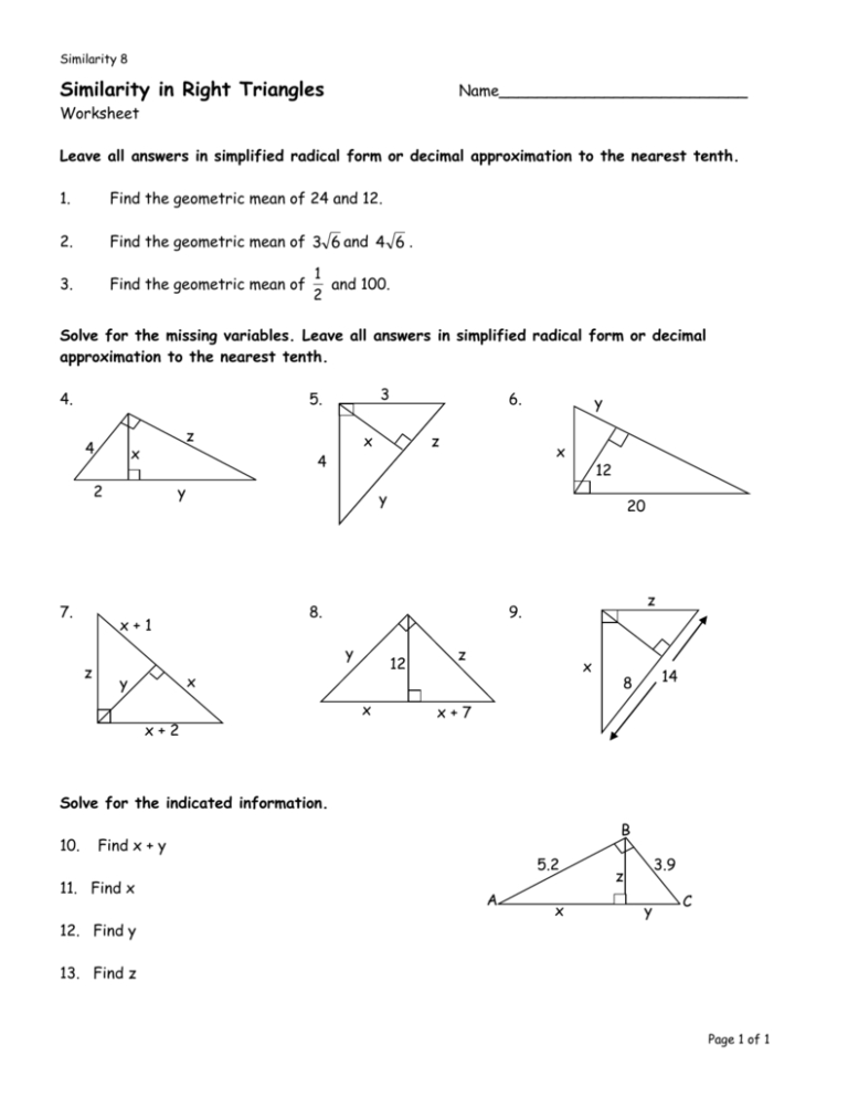 Similar Right Triangles Worksheet Answers Db excel