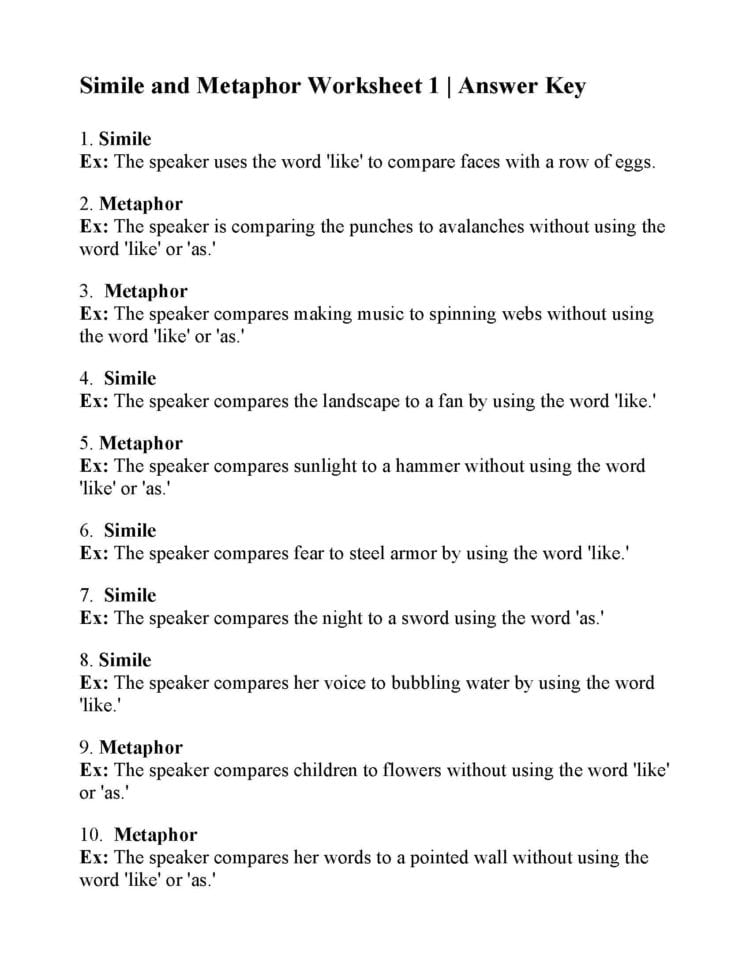 Simile And Metaphor Worksheet 1  Answers