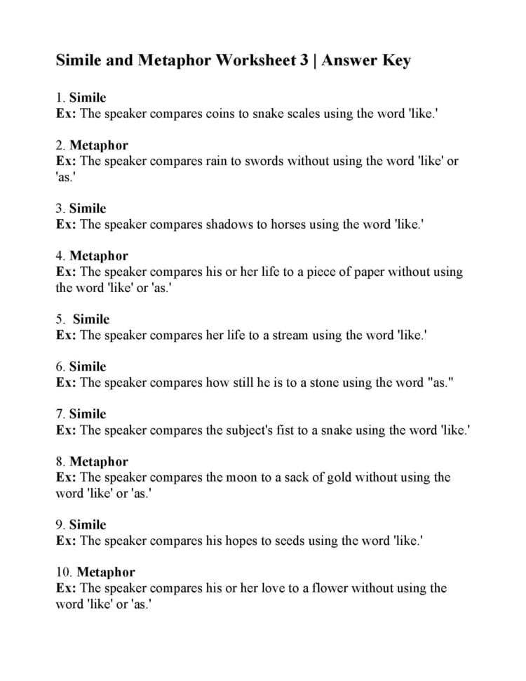 Simile And Metaphor Worksheet 3  Answers