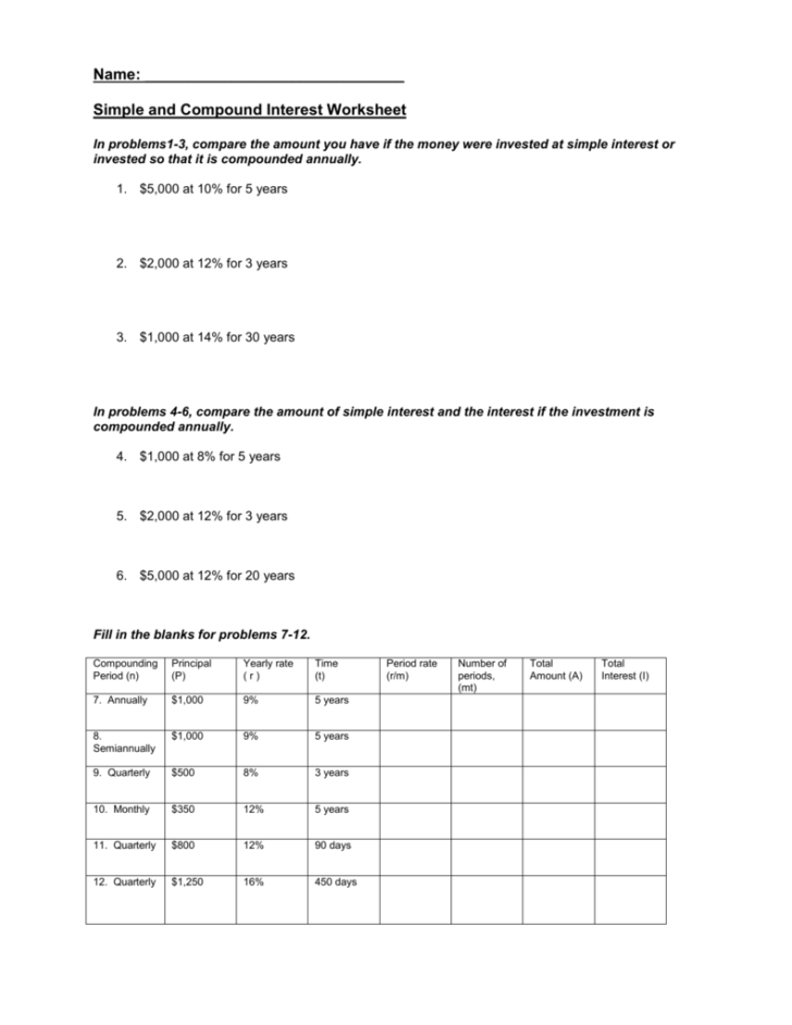 7th Grade Math Simple And Compound Interest Worksheets