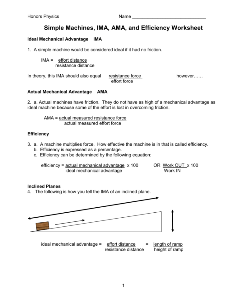 Simple Machines Ima Ama And Efficiency Worksheet
