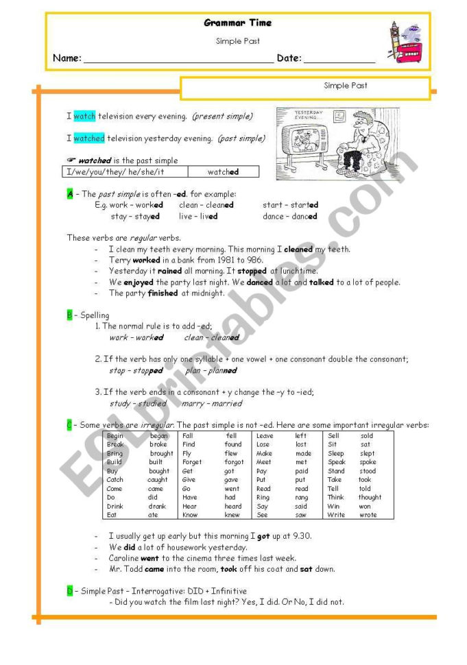 Simple Past Revision Handout  Esl Worksheetpetitehelene