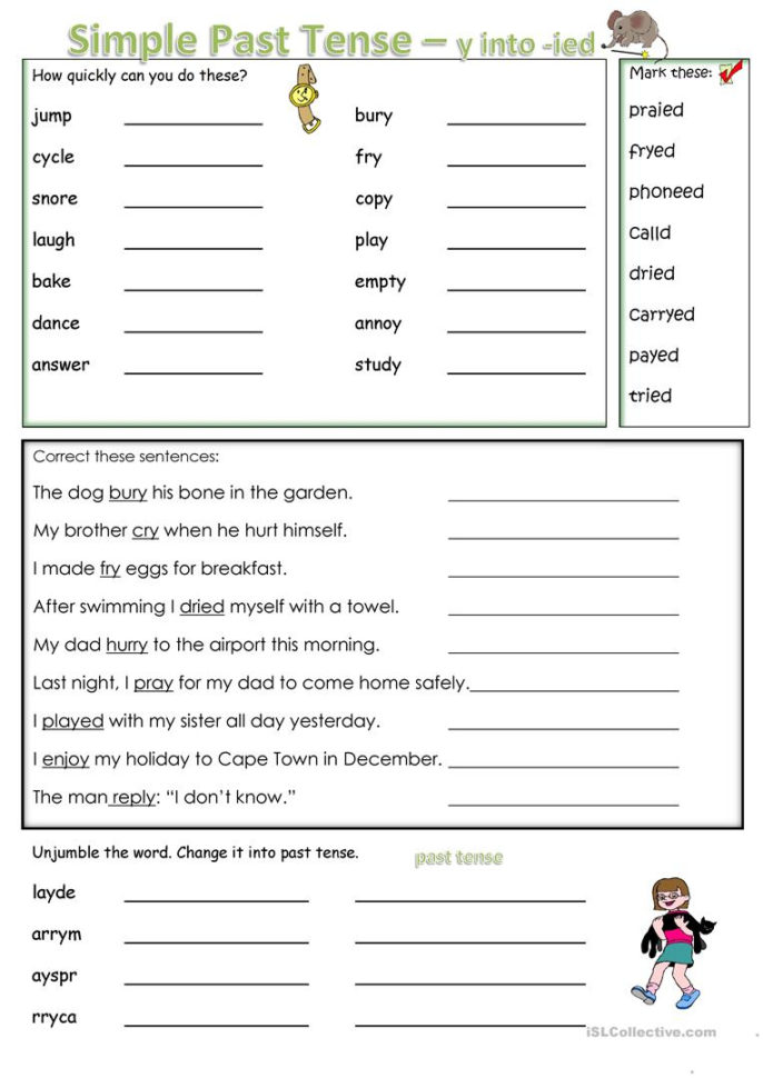 Simple Past Tense Change Y To 'i' And Add Ed  English Esl Worksheets