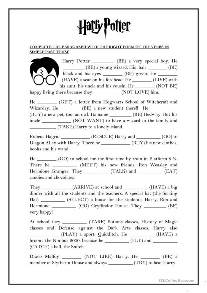 Simple Past Tense  Harry Potter  English Esl Worksheets