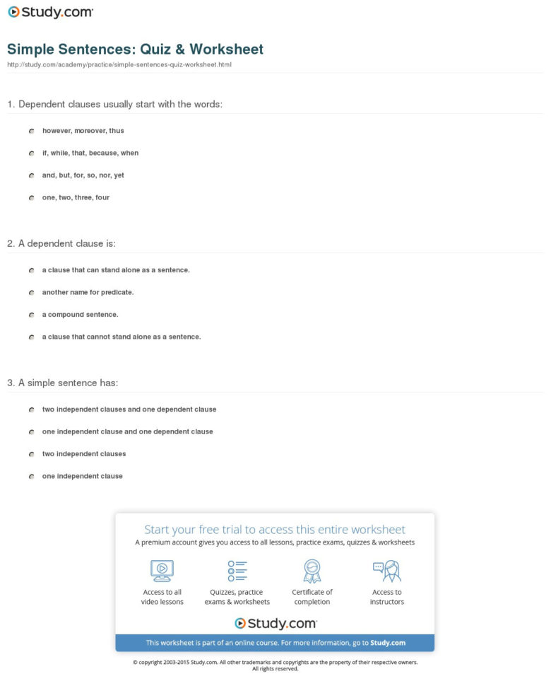Simple Sentences Quiz  Worksheet  Study