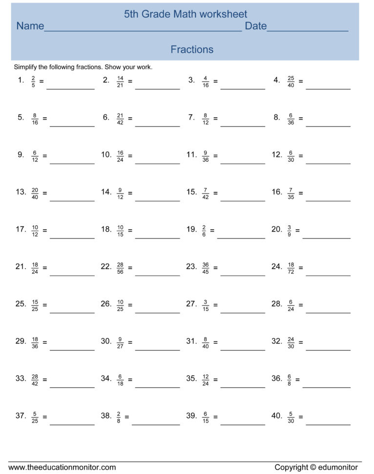 Simplify Fractions 5Th Grade Math Simple Fraction Factsmore