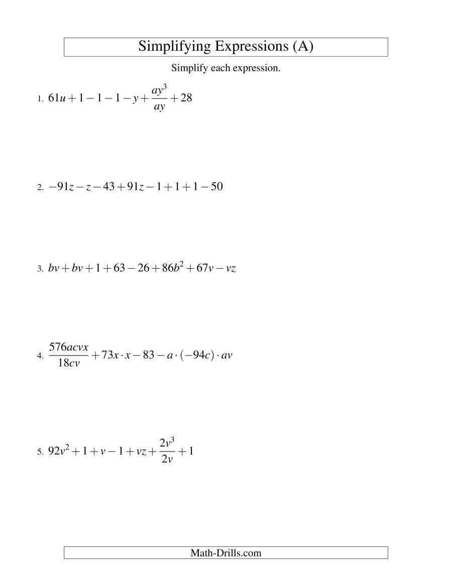 Simplifying Algebraic Expressions Challenge A