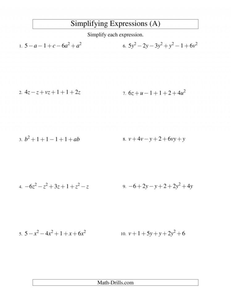 Simplifying Algebraic Expressions Worksheet New Math Worksheets