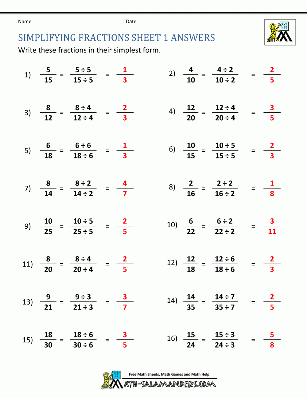 Simplifying Fractions Worksheet With Answers