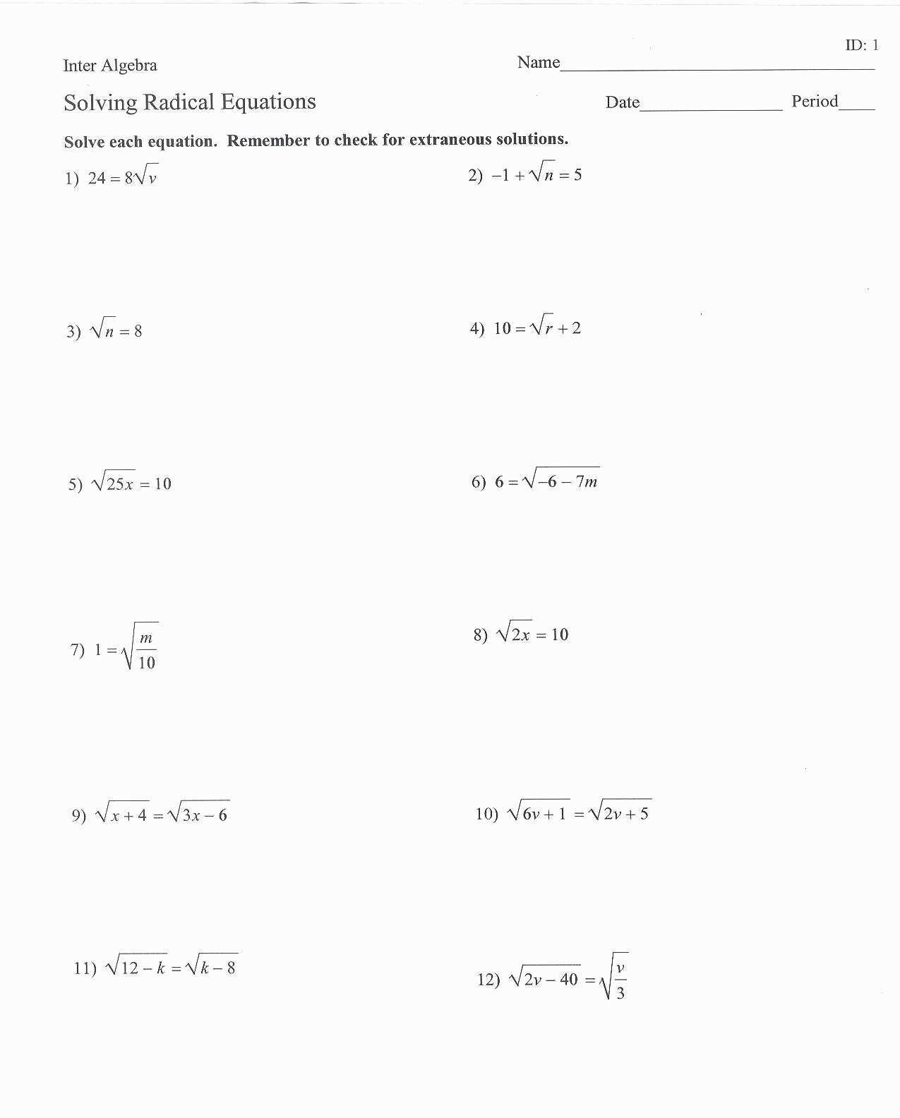 Simplifying Radical Expressions Worksheet