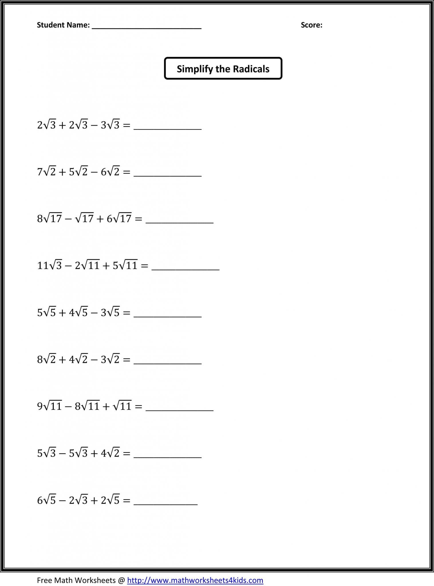Simplifying Radicals Geometry Worksheet