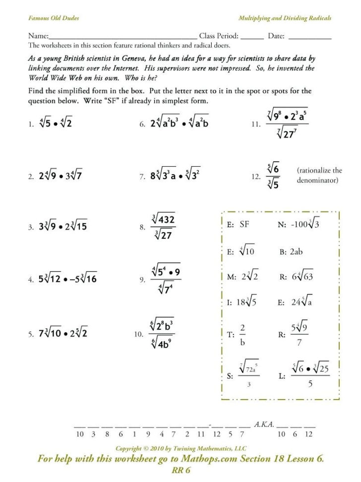 Simplifying Square Roots Worksheet Answers