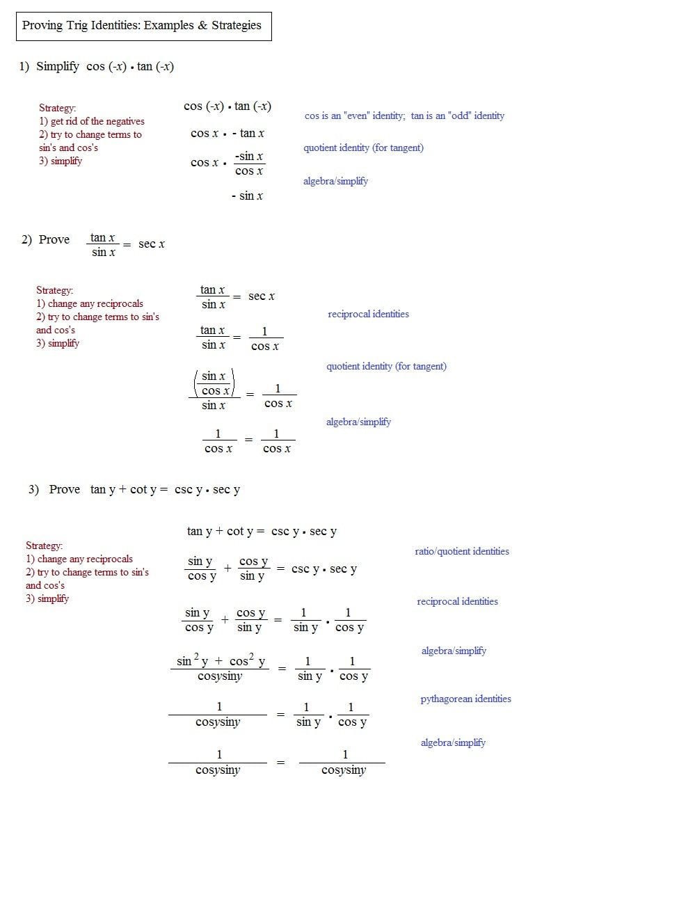 Simplifying Trig Identities Worksheet