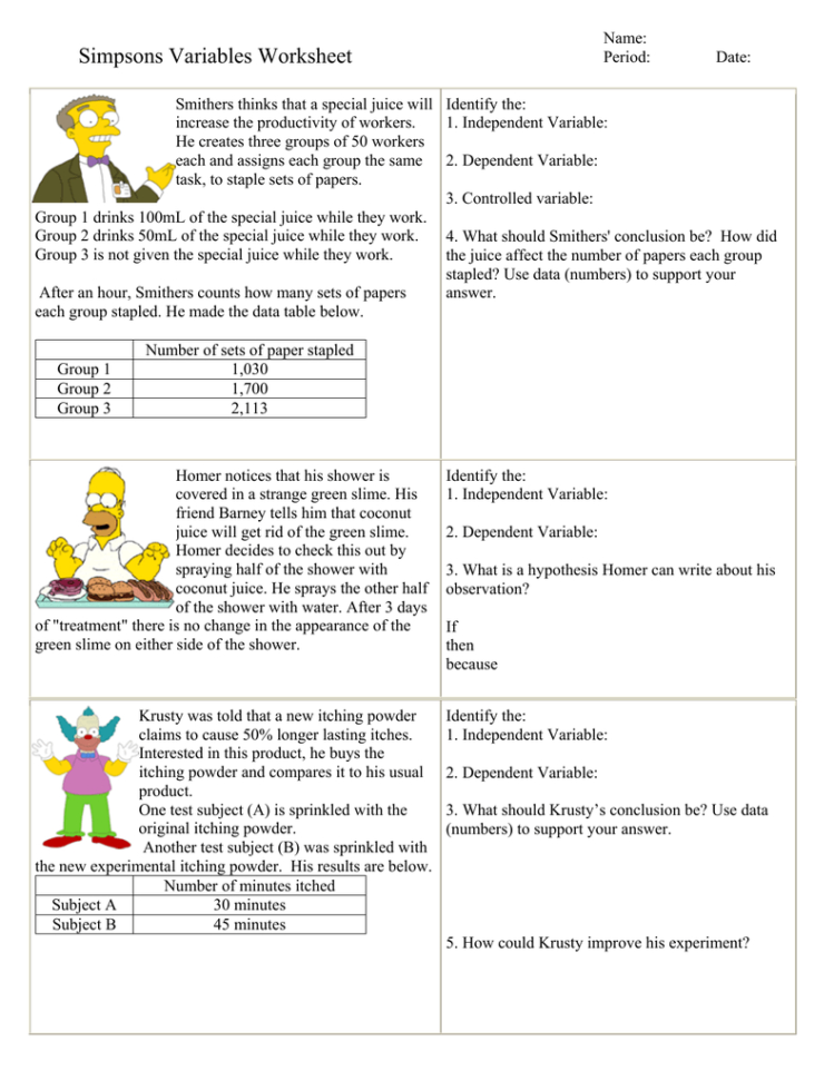 Simpsons Variables Worksheet