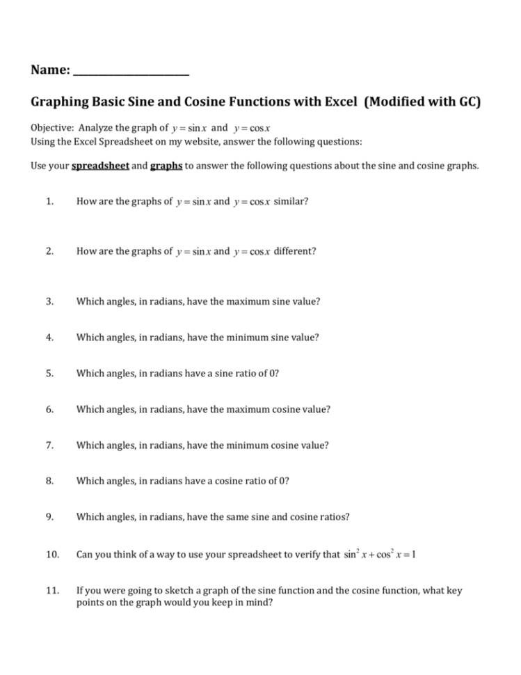 Sine And Cosine Graphing Worksheet For Excel