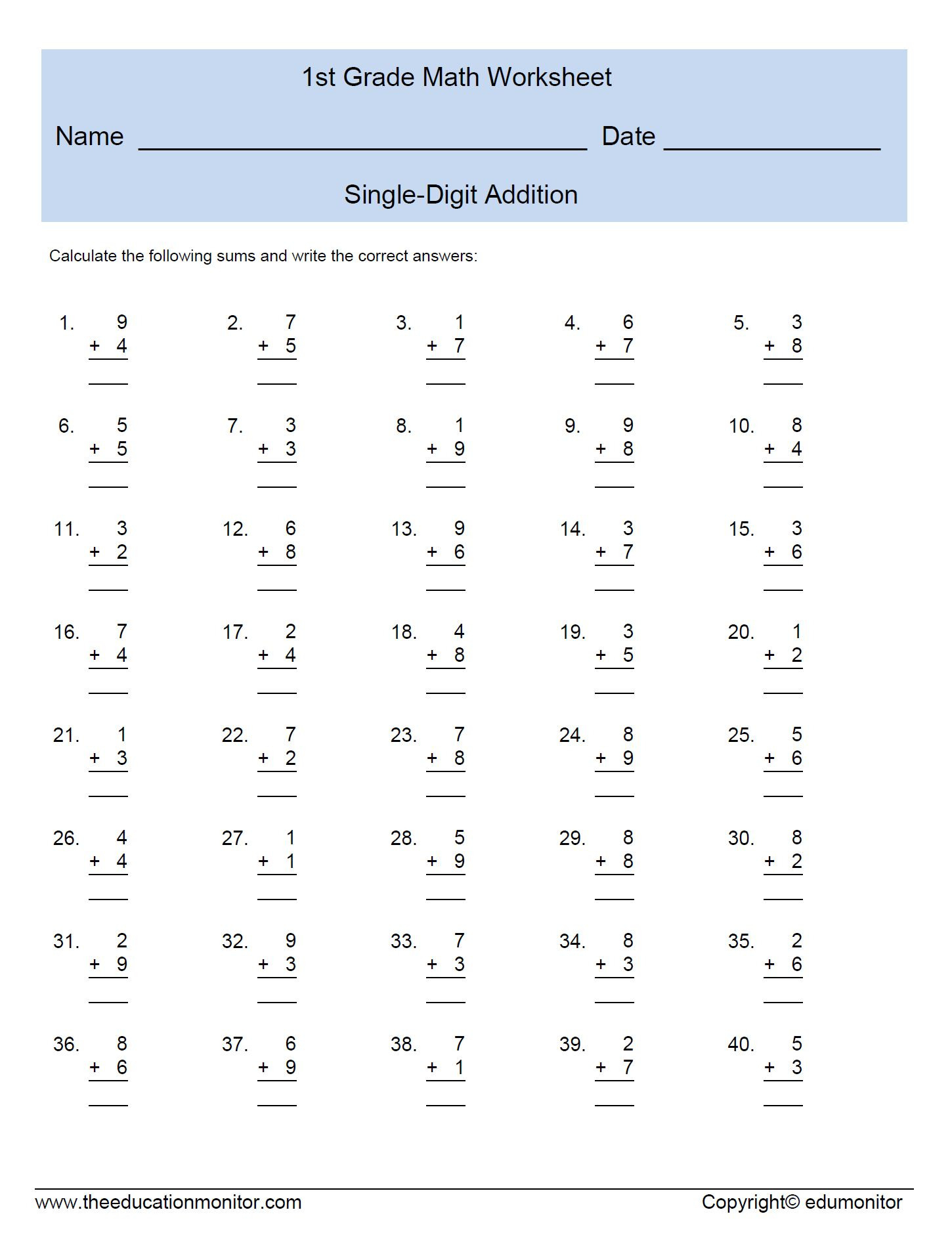 Single Digit Addition Worksheets For Ft Grade